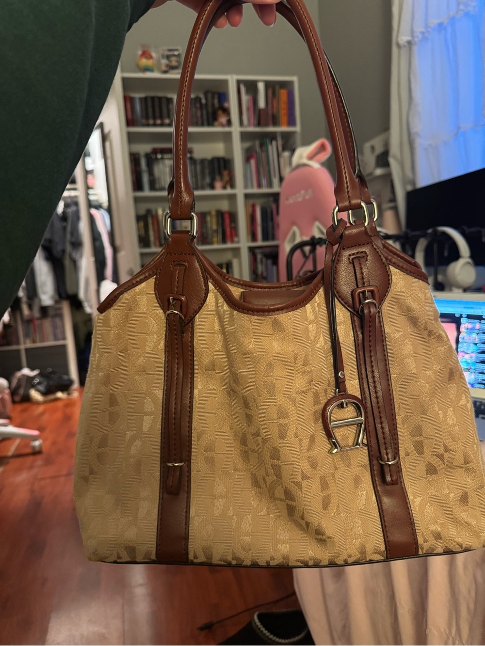 Etienne Aigner Logo canvas and brown leather tote / hobo bag purse